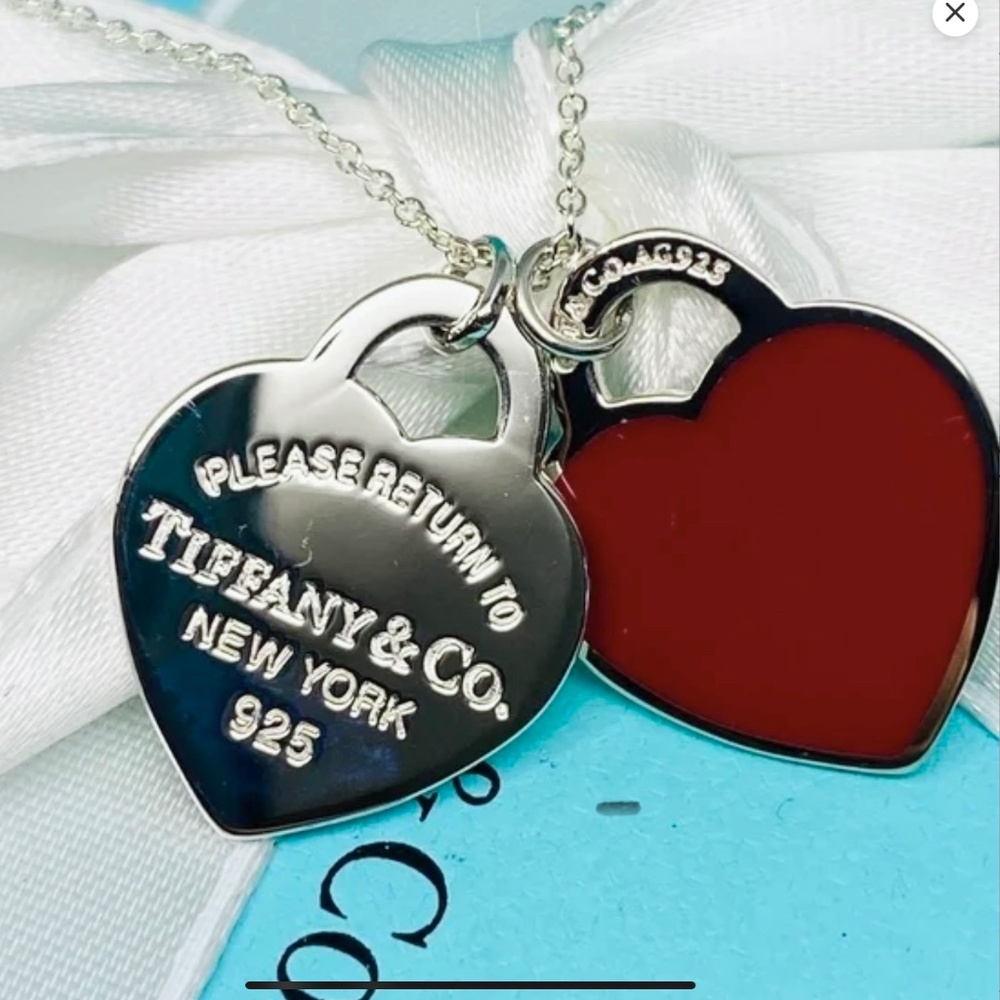 Tiffany & Co small double heart red enamel necklace Return to Tiffany New 18”